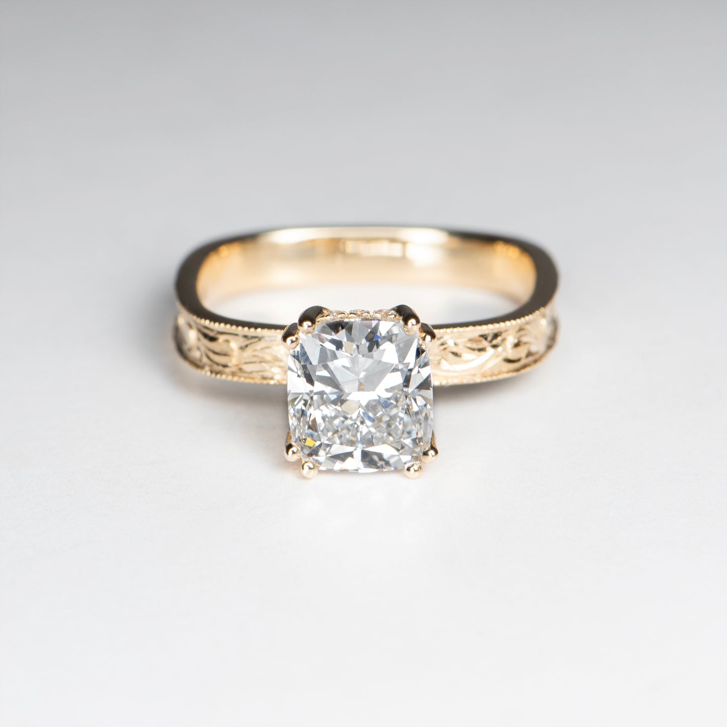 HAND ENGRAVED CUSHION SQUARE BAND SOLITAIRE