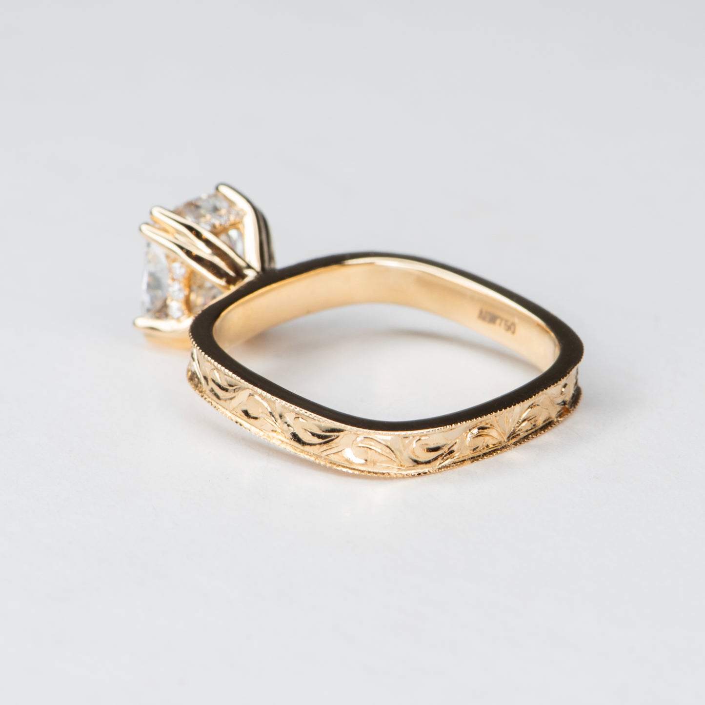 HAND ENGRAVED CUSHION SQUARE BAND SOLITAIRE