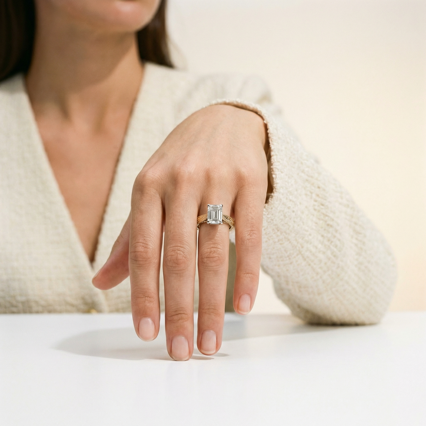 HAND ENGRAVED TWO-TONE EMERALD SOLITAIRE