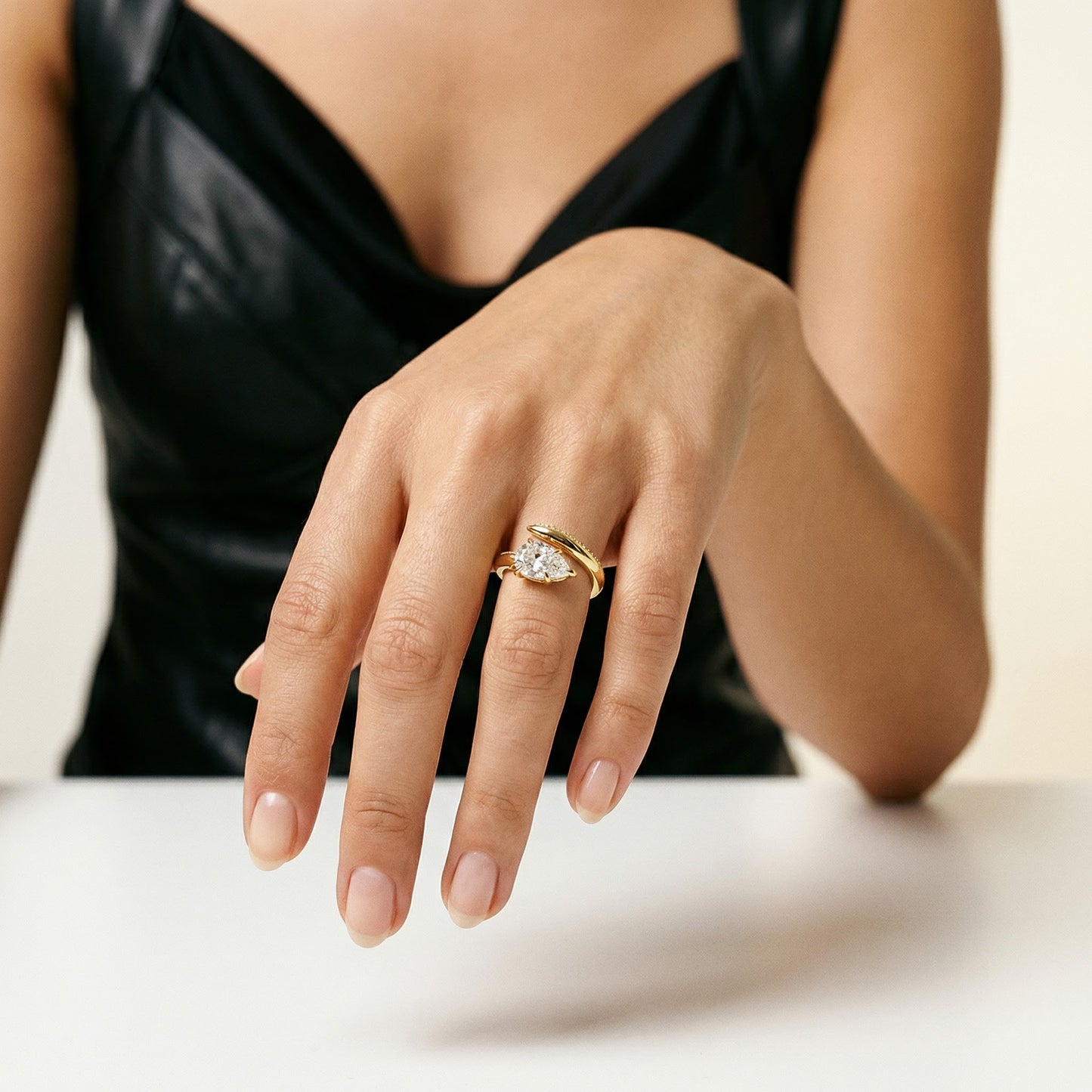 PEAR SOLITAIRE PAVE WRAP BAND