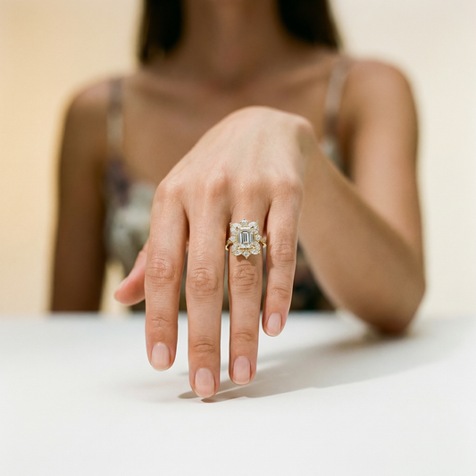 4 CLAW EMERALD MARQUISE HALO PAVÈ BAND